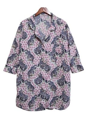 Women’s Tiger Print Button Down Pajama Shirt- White, Pink with side pockets.